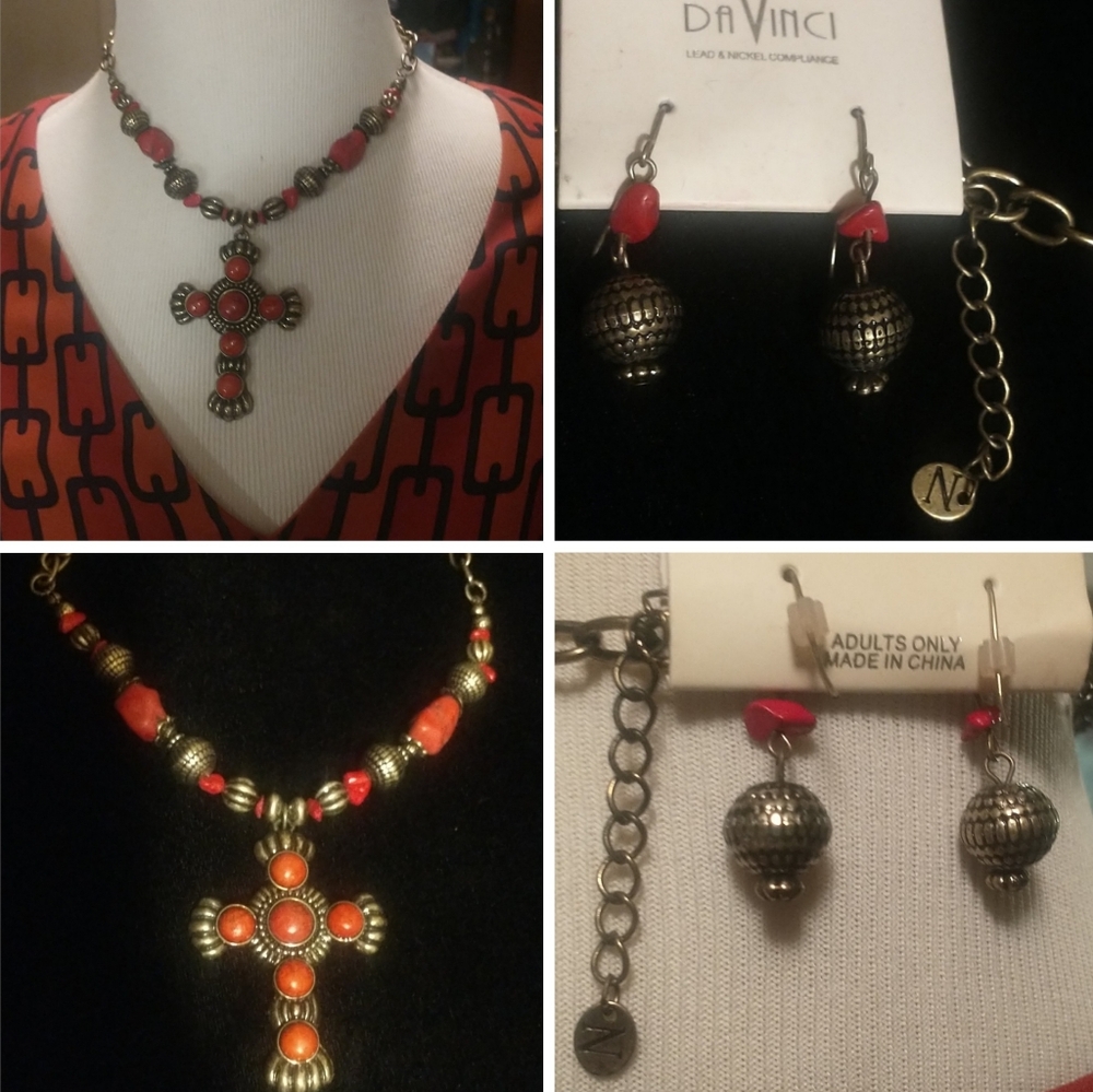 Bohemian Oversized Beaded Stone Necklace w Matching Dangle Earrings Set DaVinci